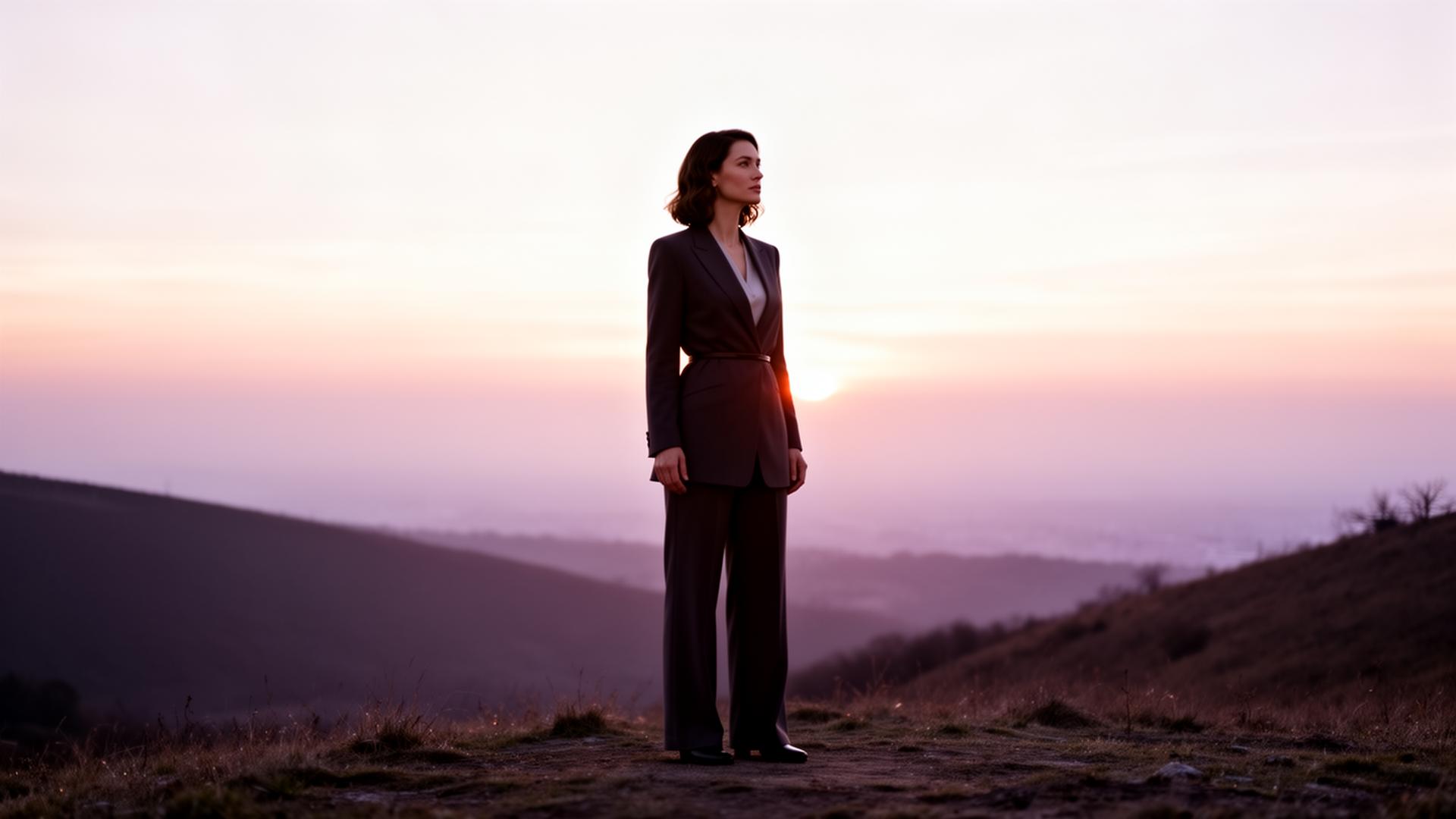 A woman standing confidently at sunrise looking toward the horizon