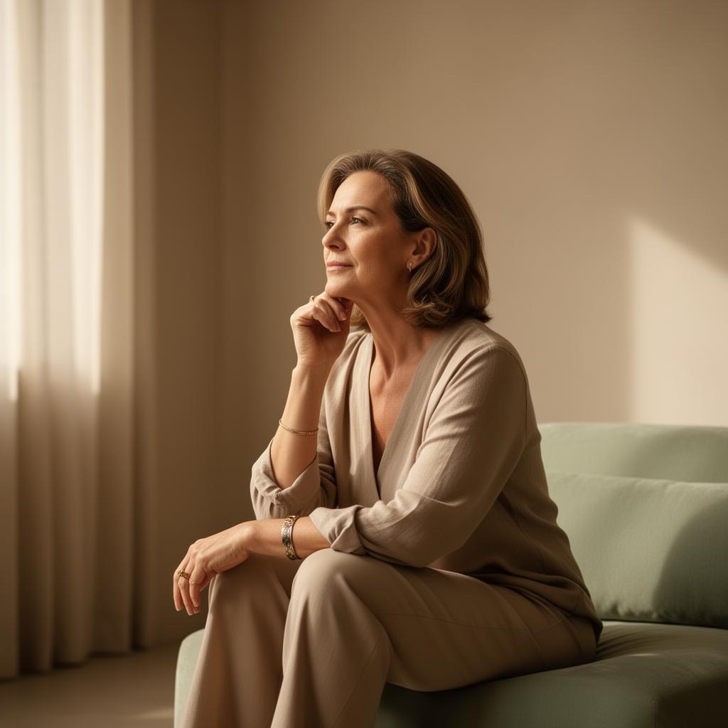 A reflective woman by a window in soft natural light